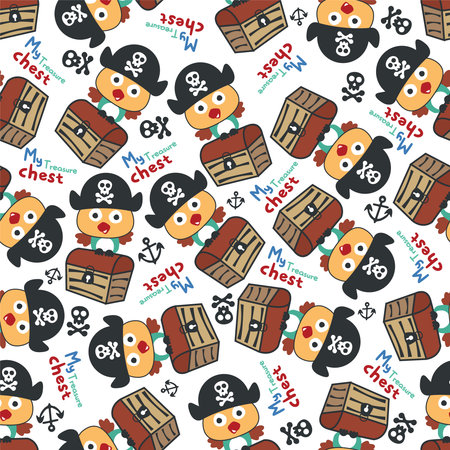 Seamless pattern of pirate bird has found the treasure in cartoon style. Pirate flag, treasure chest. Isolate on a white background.のイラスト素材