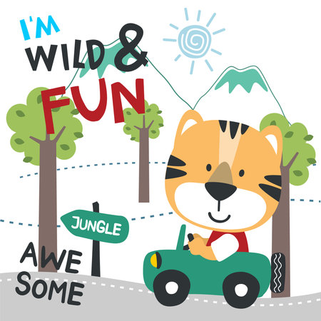 Vector illustration of funy animal driving the blue car. Funny background cartoon style for kids. Little adventure with animals on the road for nursery design, cartoon tshirt art design.のイラスト素材