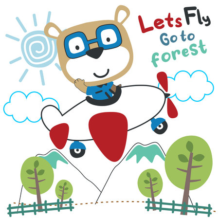 cute baby animal flying on a plane. cartoon hand drawn vector illustration. can be used for kids baby t shirt print design, fashion graphic, baby shower card, celebration greeting and invitation cardのイラスト素材