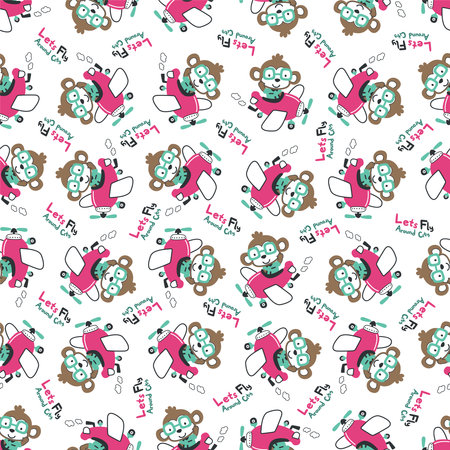 cute animal  flying on a plane. cartoon hand drawn vector illustration. Can be used for t-shirt print, Creative vector childish background for fabric textile, nursery wallpaper and other decorationのイラスト素材