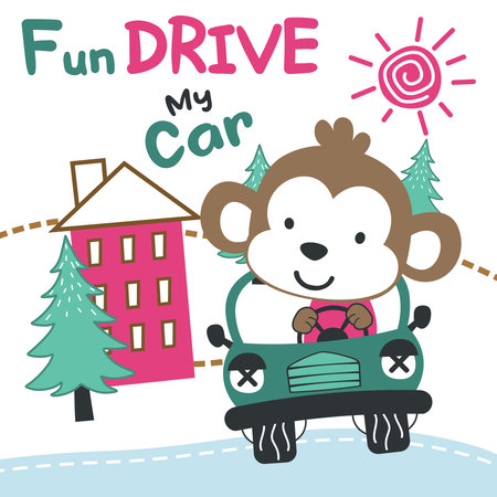 Vector illustration of funy animal driving the blue car. Funny background cartoon style for kids. Little adventure with animals on the road for nursery design, cartoon tshirt art design.のイラスト素材