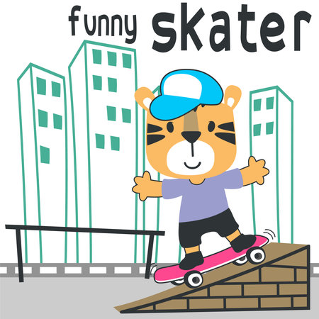 Cute cartoon character tiger skater. Vector print with cute lion on a skateboard. Can be used for t-shirt print, kids wear fashion design, fabric textile, nursery wallpaper and other decoration.のイラスト素材