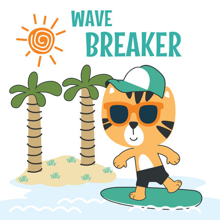 Surfing time with cute little tiger at summer. Can be used for t-shirt printing, children wear fashion designs, baby shower invitation cards and other decoration.のイラスト素材