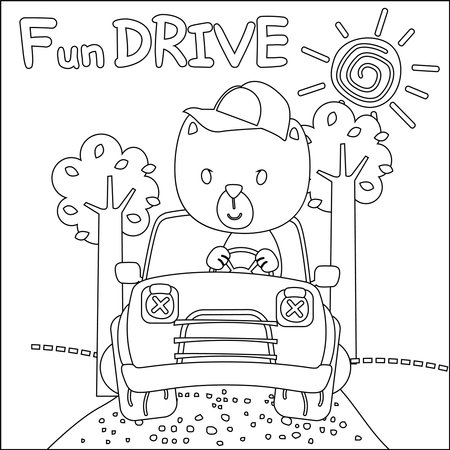 Vector illustration of funy bear driving the white car. Childish design for kids activity colouring book or page.のイラスト素材