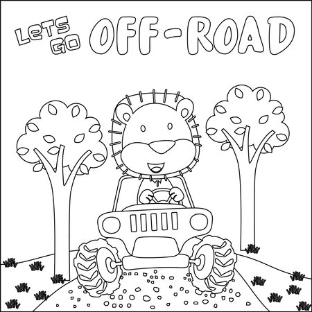 Cute lion cartoon having fun driving off road car on sunny day. Cartoon isolated vector illustration, Creative vector Childish design for kids activity colouring book or page.のイラスト素材