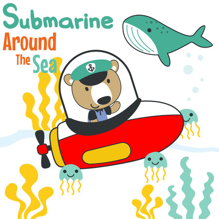 Diving with funny bear driving submarine. Creative vector childish background for fabric, textile, nursery wallpaper, poster, card, brochure. vector illustration background.のイラスト素材