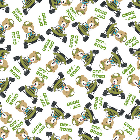 Seamless pattern vector of off road car with animal driver. Creative vector childish background for fabric textile, nursery background, baby clothes, poster, wrapping paper and other decoration.のイラスト素材