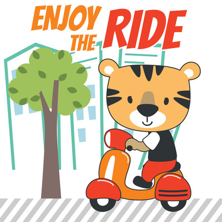 Vector illustration of cute tiger Riding Scooter. Can be used for t-shirt printing, children wear fashion designs, baby shower invitation cards and other decoration.のイラスト素材