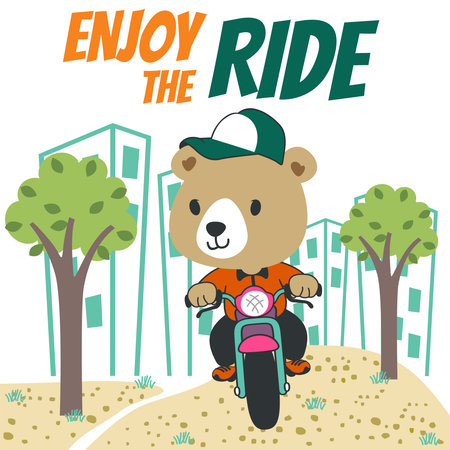 Vector illustration of cute little bear ride motorcycle. Creative vector childish background for fabric, textile, nursery wallpaper, poster, card, brochure. and other decoration.のイラスト素材