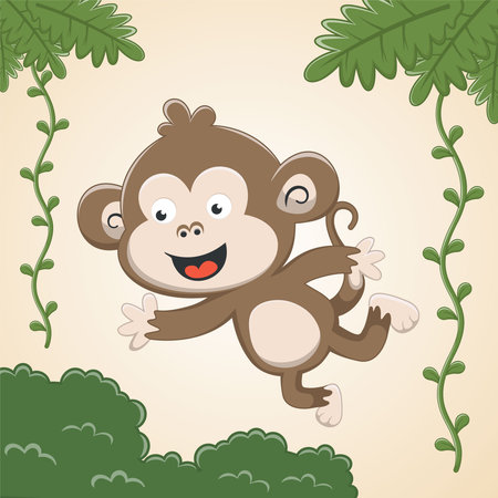 The monkey jumps on branches and vines. Cheerful monkey. Animals in the jungle. Joyful monkey. Vector illustrationのイラスト素材