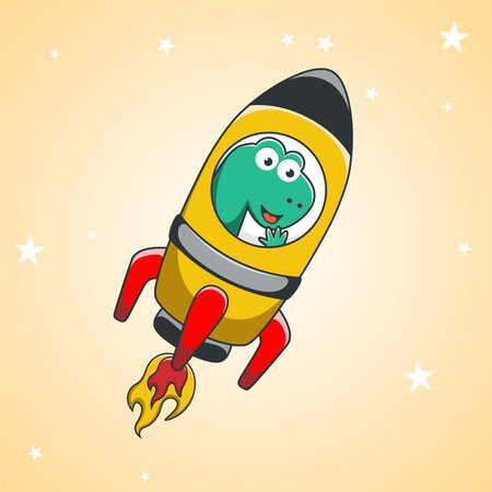 Dino play with his rocket. Dinosaur in outer space. Vector hand-drawn color children's illustration background for fabric, textile, nursery wallpaper, poster, card, brochure. and other decoration.のイラスト素材