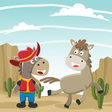 Vector cartoon illustration of happy cowboy and brown horse in the desert, T-Shirt Design for children. Creative vector childish background for wallpaper, poster and other decoration.のイラスト素材