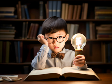 Elementary school boy reading a book with a light bulb. AI-generated image of a room with a retro atmosphere.の素材