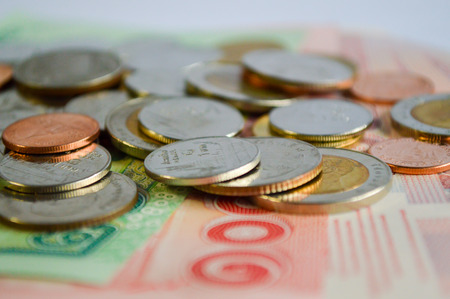Thai baht banknotes and coinsの写真素材