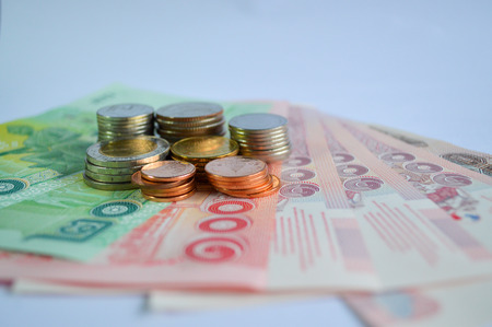 Thai baht banknotes and coinsの写真素材