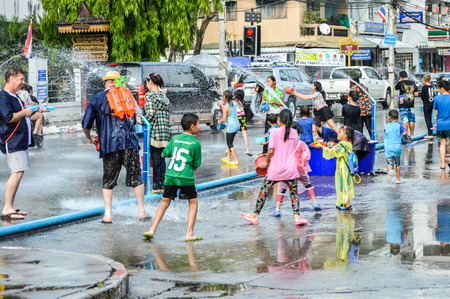 Chiang Rai, Thailand - April 12, 2015 : The Songkran festival or Thai New Year's festival . Songkran is the holiday known for its water festival. Water fights in the town.のeditorial素材