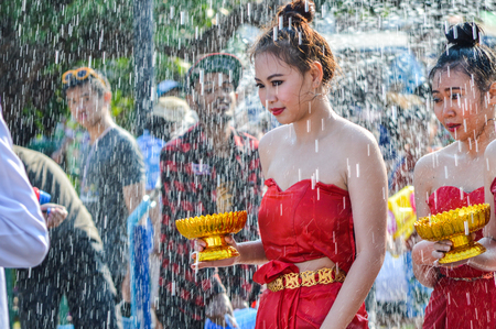 Chiang Rai, Thailand - April 12, 2015 : The Songkran festival parade. Songkran is the holiday known for its water festivalのeditorial素材