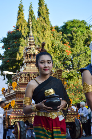 Chiang Rai, Thailand : December 29, 2016. Floral Offerings Festival 1st time of traditional merit making ceremony. The paradesのeditorial素材