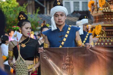 Chiang Rai, Thailand : December 29, 2016. Floral Offerings Festival 1st time of traditional merit making ceremony. The paradesのeditorial素材