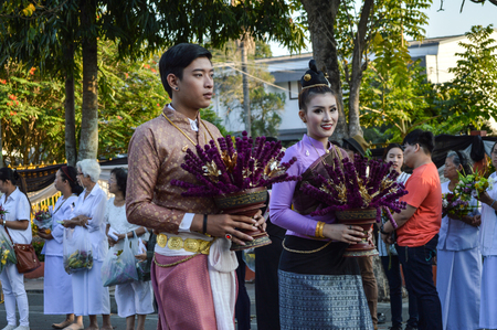 Chiang Rai, Thailand : December 29, 2016. Floral Offerings Festival 1st time of traditional merit making ceremony. The paradesのeditorial素材