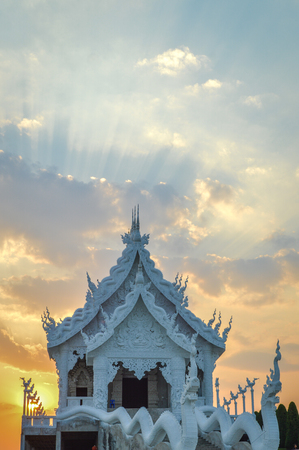 Chiang Rai, Thailand - March 30, 2017: Huai Pla Kung Temple, a traditional Chinese-styled pagoda. At twilight and white monasteryのeditorial素材