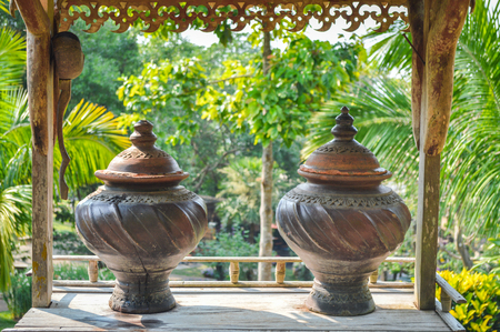Chiang Rai, Thailand - April 6, 2017 : Doi Tung Royal Villa, The Mae Fah Luang Garden. Water jarのeditorial素材