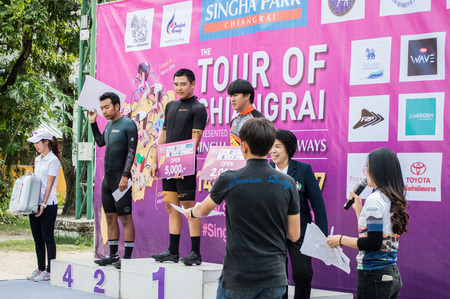 Chiang Rai, Thailand â December 17, 2017 : Tour of Chiang Rai, The cycling touring road event complying with international standard. Singha - Bangkok airways bicycles racing state 4. The winner.のeditorial素材
