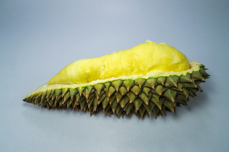 Durian and  thorn-covered rind on gray background.の写真素材