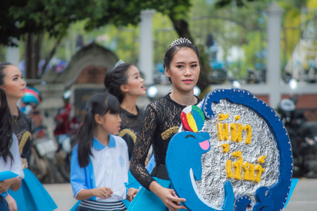 CHIANG RAI, THAILAND - September 14, 2018 : Chiengrai Vidhayakhome School students parade in annual Sports Days. Beautiful cute girls leading the parade.のeditorial素材