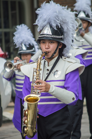 CHIANG RAI, THAILAND - September 14, 2018 : Chiengrai Vidhayakhome School students parade in annual Sports Days. Tessaban 5 Denha School bands performing a marching during school sports day.のeditorial素材