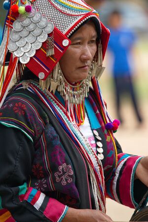 Chiang Rai, THAILAND, September 21, 2019 : The Akha Swing Festival, Akha women dressed in their most...