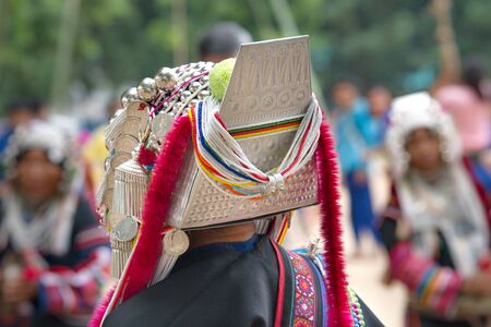Chiang Rai, THAILAND, September 21, 2019 : The Akha Swing Festival, Akha women dressed in their most...