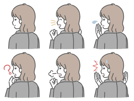 Various expressions of young woman in suit oblique back viewのイラスト素材