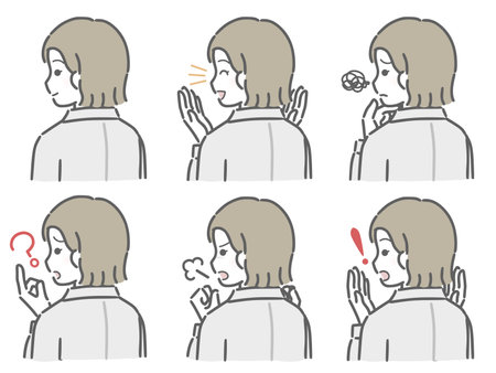 Various expressions of young woman in plain clothes Oblique back viewのイラスト素材