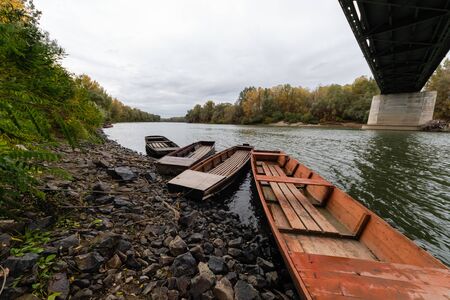 Fishing boats on River Tisza in Hungaryの写真素材
