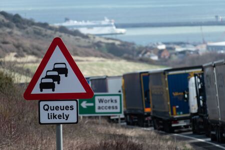 Trucks waiting in huge queues during Brexit chaos in March, 2019. Photo taken: 03.13.2019-Dover, United Kingdomの写真素材