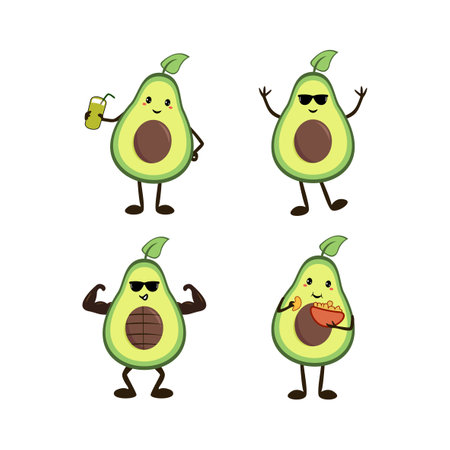 Avocado cute fruit kawaii design ilustration vector character colection for banner, sticker, print, background, and moreのイラスト素材