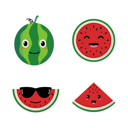 Watermelon slice cute fruit kawaii vector character colection for banner, sticker, print, background, and moreのイラスト素材