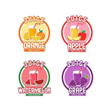 Four stickers with different combinations of fruits and berries. Melon with watermelon, apple with cherry, banana with strawberry and pear with apple. Vector illustration on a white background.のイラスト素材