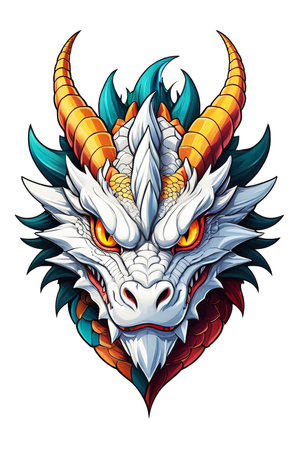 Gold dragon head mascot isolated on white backgroundの素材