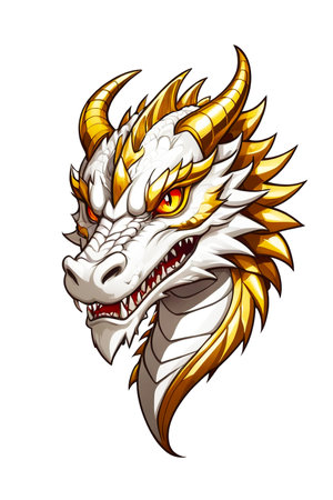 Gold dragon head mascot isolated on white backgroundの素材