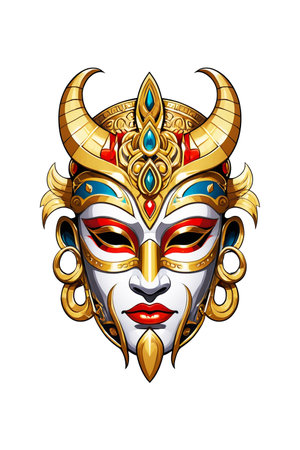 Viking mask with gold ornaments on a white background.の素材
