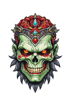 Zombie head soldier with crown isolated on white backgroundの素材