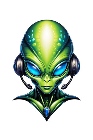 Alien head with headphones isolated Green alien with blue eyes vector illustration isolated on transparent backgroundの素材