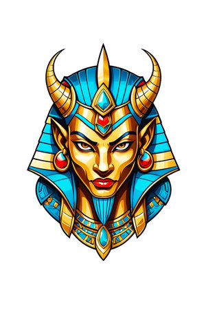 Illustration of a pharaoh's head with a crown on a transparent backgroundの素材