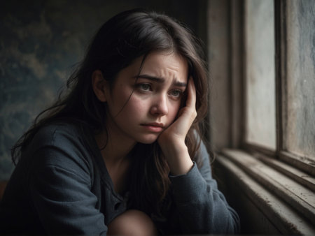 Portrait of sad young woman sitting on window sill at home.の素材