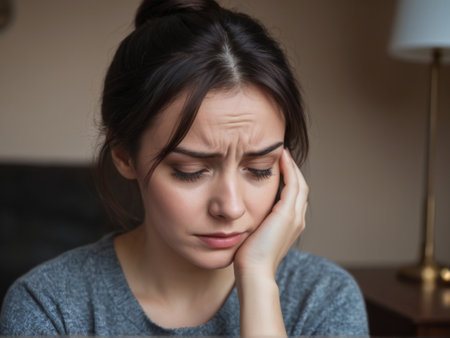 Closeup portrait of a young woman having a headache sitting at homeの素材
