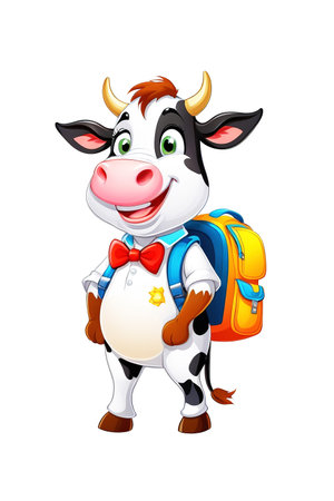 Vector illustration of Cute cow cartoon character with backpack isolated on white backgroundの素材