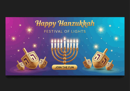 Happy Hanukkah banner with menorah and dreidelsのイラスト素材