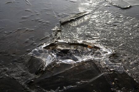 lake shore with ice when the lake start freezing over, Finland